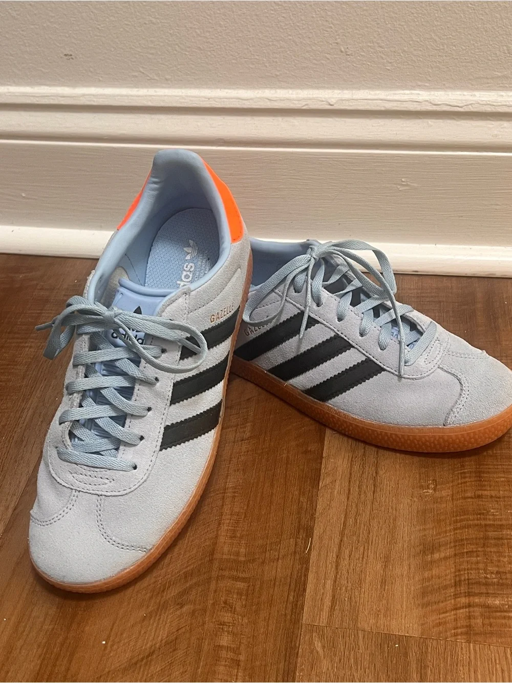adidas Gazelle Suede Sneakers - Light Blue, Black & Orange Youth 4 Women 6